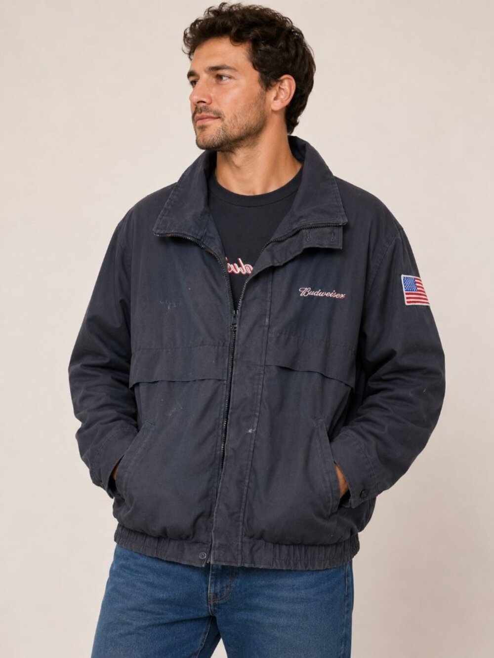 Vintage Budweiser Workwear Jacket USA Made Gray Zip Bomber Utility Coat Men XL